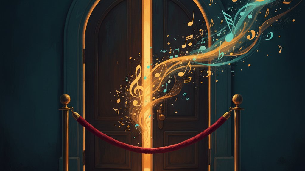 A velvet rope across a doorway with warm light spilling from inside