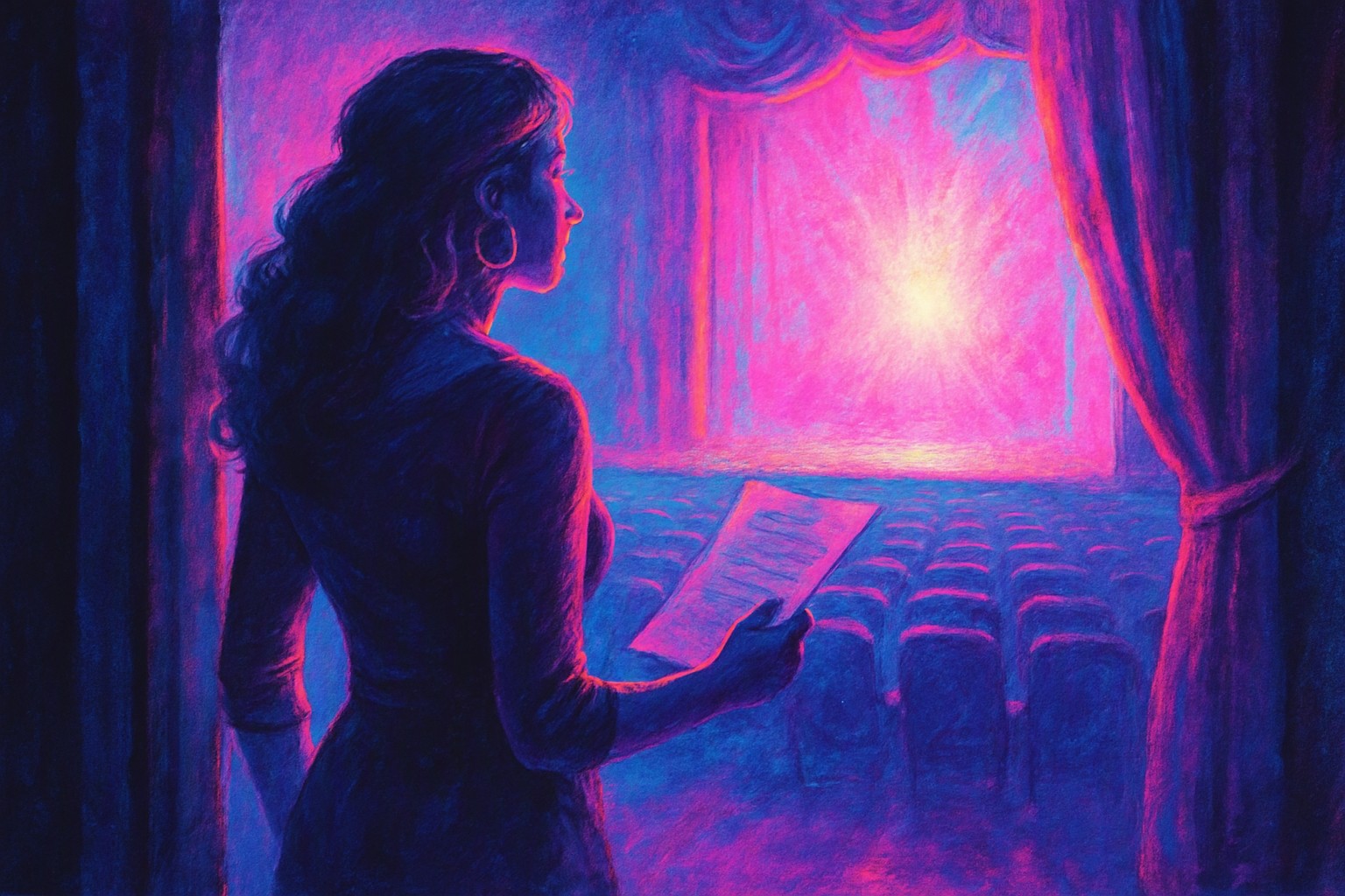 A singer in the wings of a small theatre looks toward a bright spotlit stage, one hand holding a folded setlist