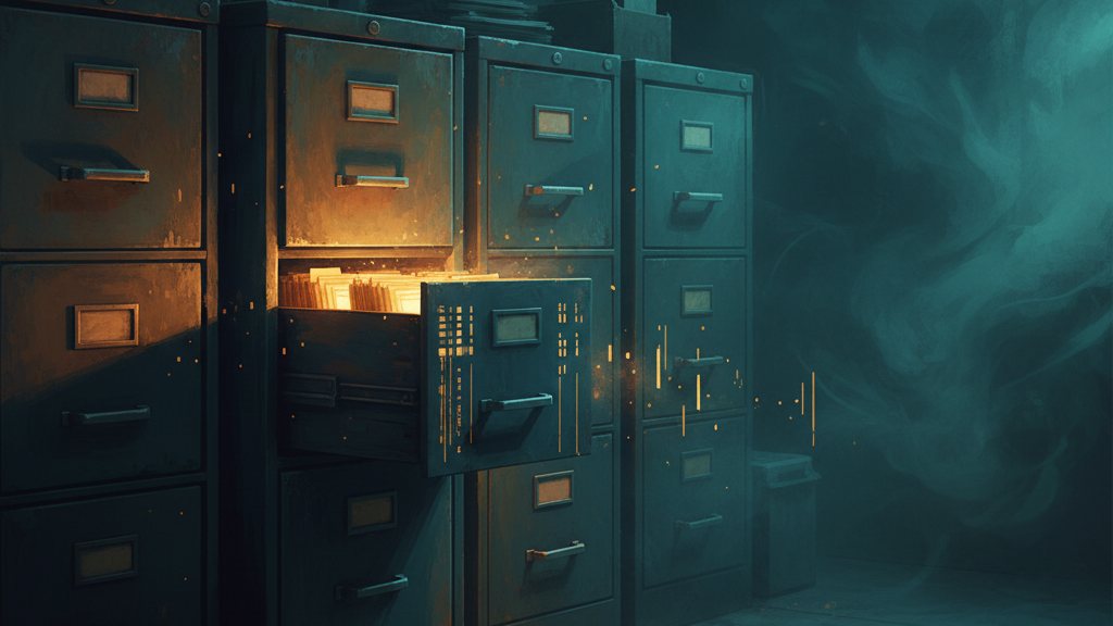 A filing cabinet whose open drawer glows with organized light