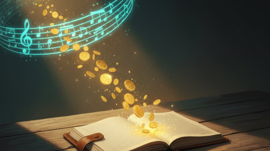 Coins of light flowing along a sheet-music staff into a songwriter's open notebook