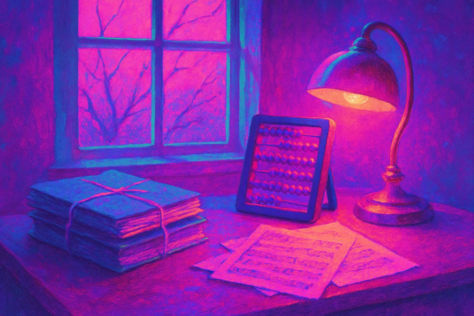 A cozy desk in late-afternoon light with a neat stack of folders tied with string, a wooden abacus, a brass lamp and loose sheets of music, with bare autumn branches outside the window