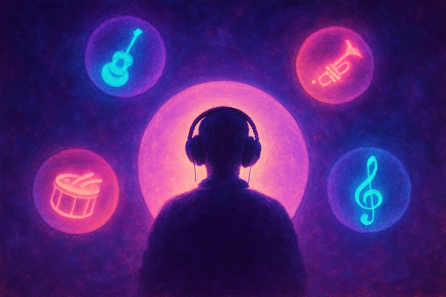 A listener wearing headphones at the center of a softly glowing sphere, with glowing orbs of instruments floating at different distances around them