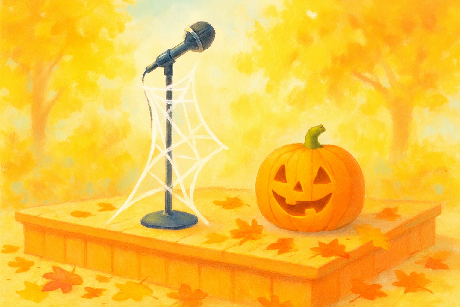A cheerful small stage in bright autumn colors with a microphone stand wrapped in playful paper cobwebs, a grinning carved pumpkin and fall leaves on the floor
