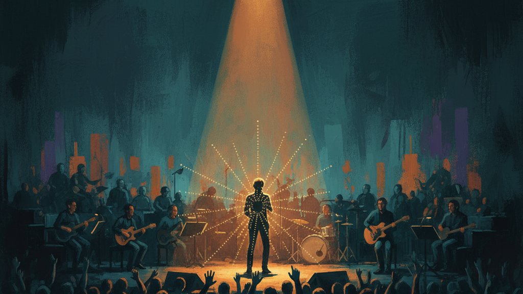 A crowded stage where one performer is outlined in glowing dotted lines