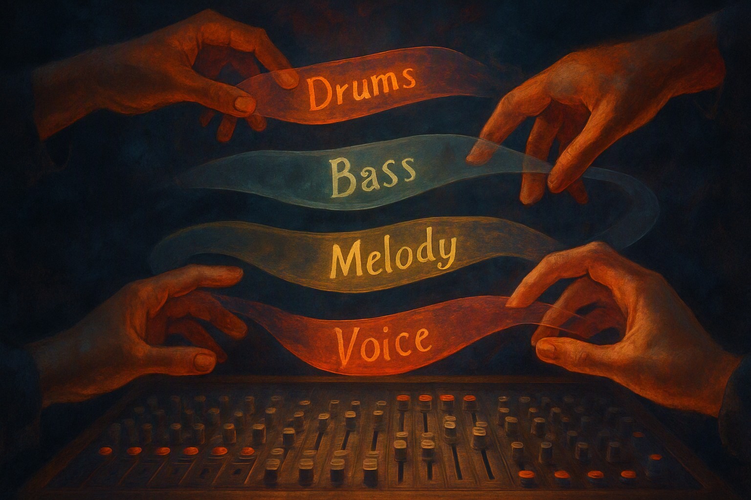 A song pulled apart into four floating translucent strands of drums, bass, melody and voice, with hands reaching in to rearrange them