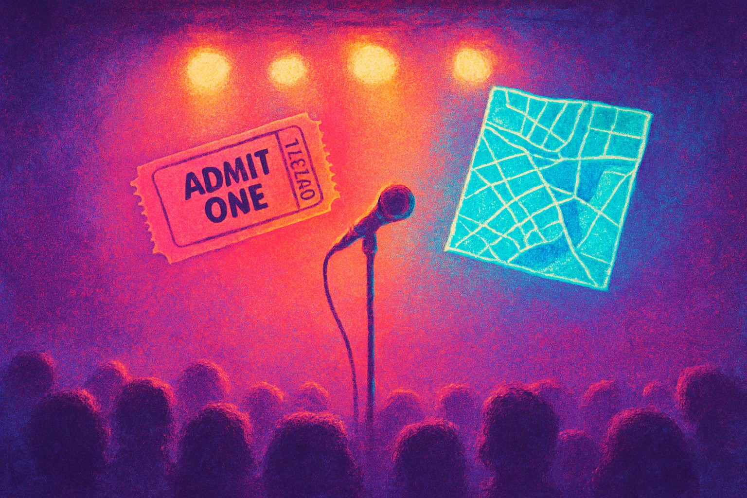 A small concert stage with a single microphone stand, lit by warm lights, with a ticket stub and a hand-drawn city map floating above the crowd