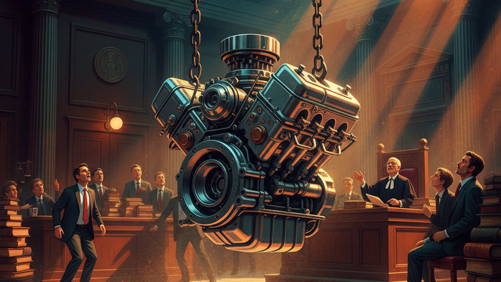A gleaming new engine being lowered into a courtroom