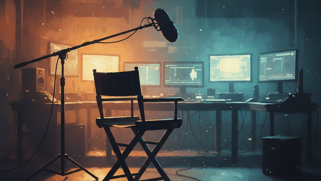 A director's chair and boom mic silhouetted against an editing suite's glow