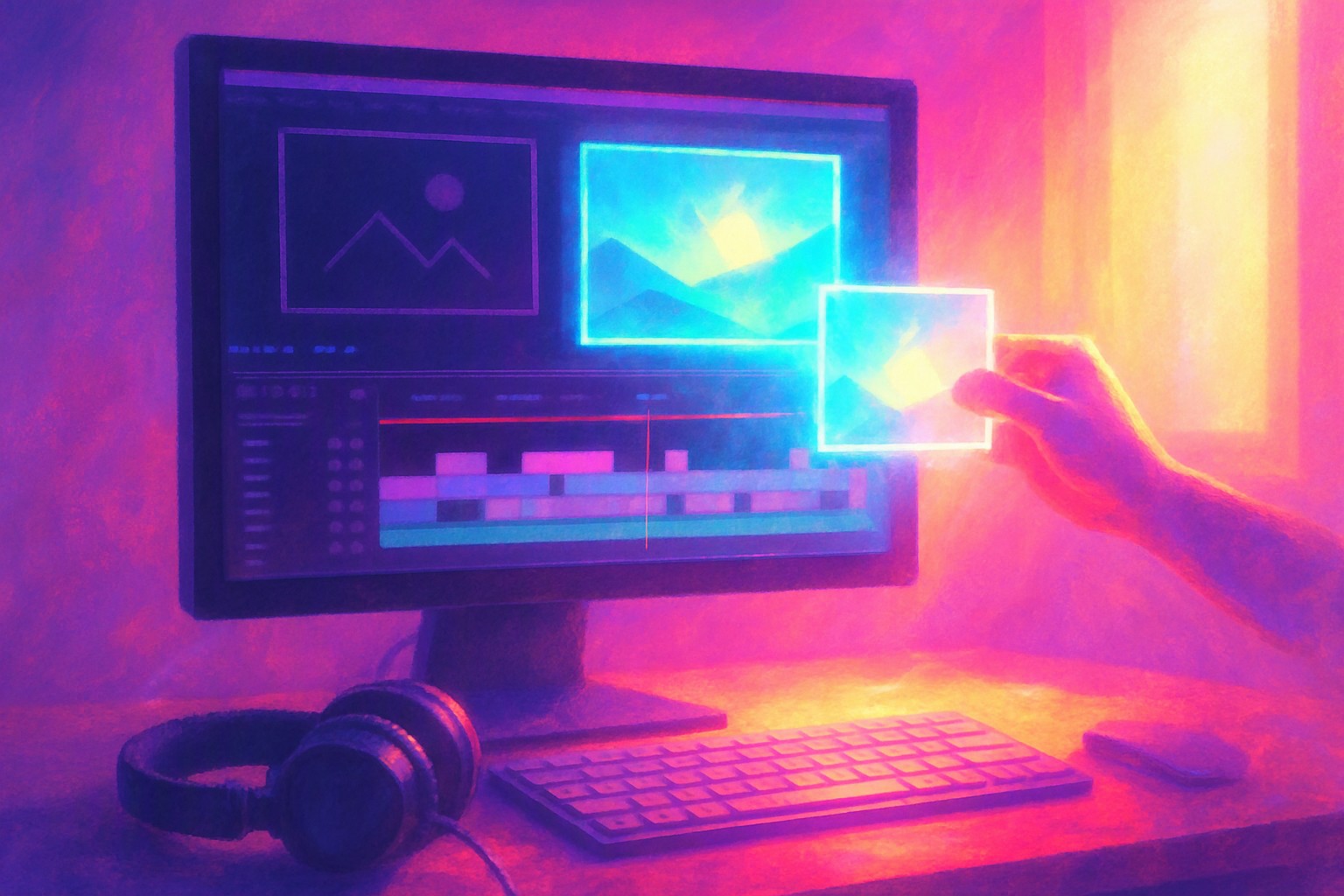 A sunlit editing desk with a monitor showing a film timeline, one highlighted placeholder clip being gently swapped for a brighter new clip, and a pair of headphones resting on the keyboard