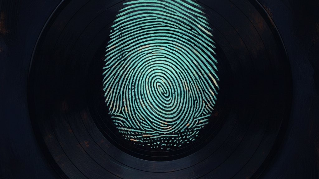 A vinyl record casting a shadow made of glowing cryptographic seals and chain links