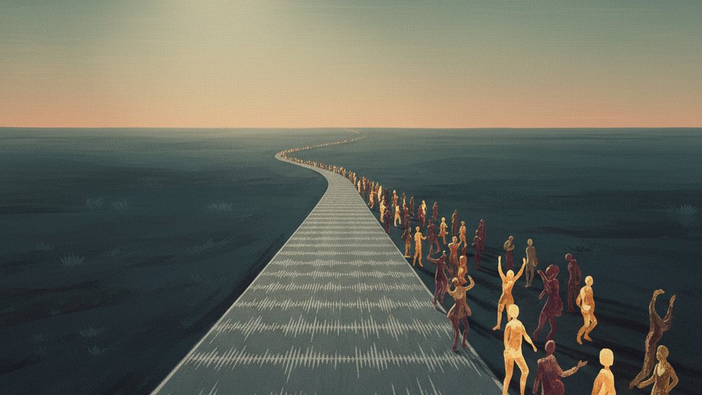 A road forking in a dark landscape: one path of identical grey waveforms, one of varied glowing figures