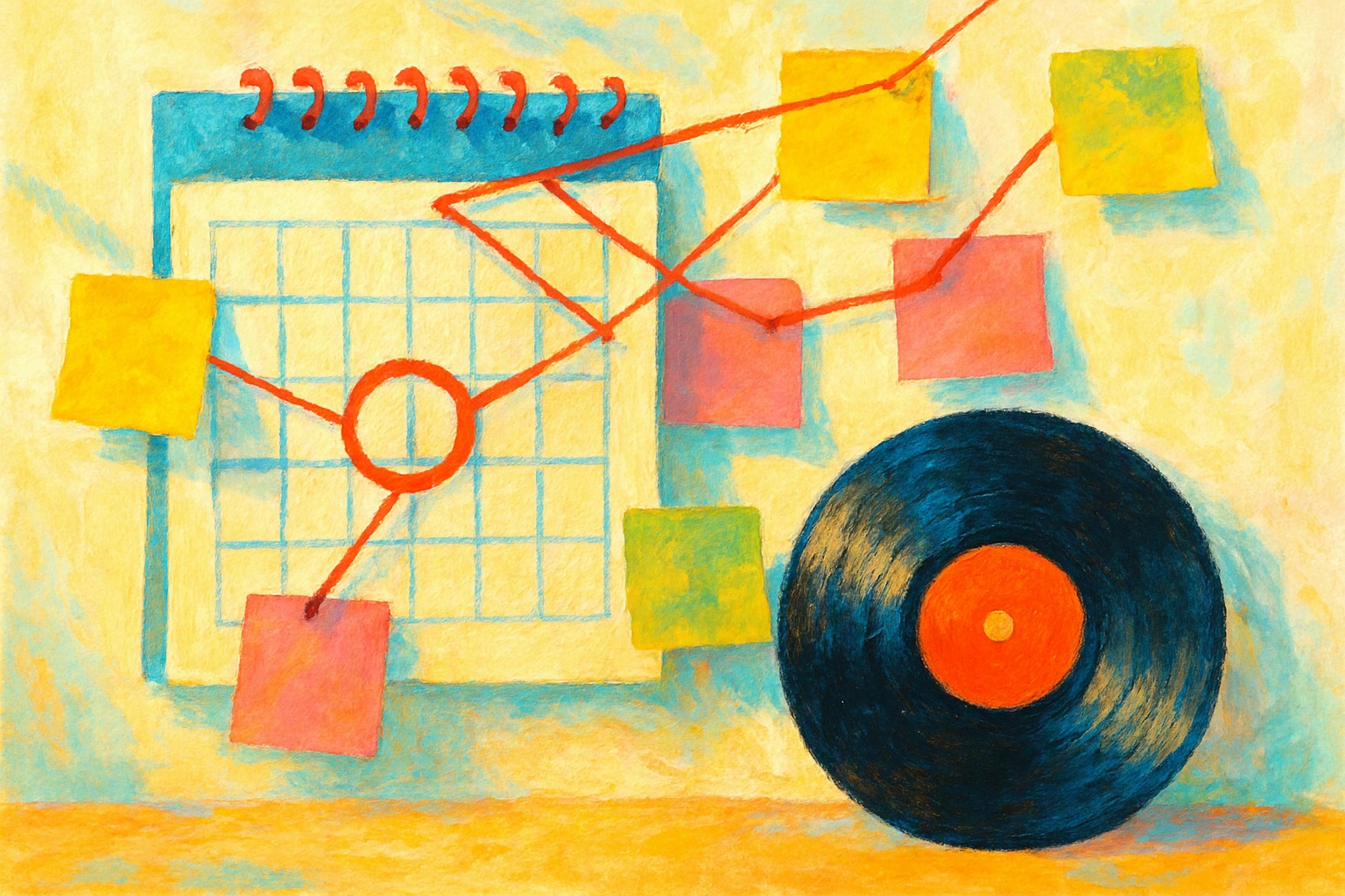 A wall calendar with release day circled in red, surrounded by sticky notes joined by pieces of string and a vinyl record leaning against it