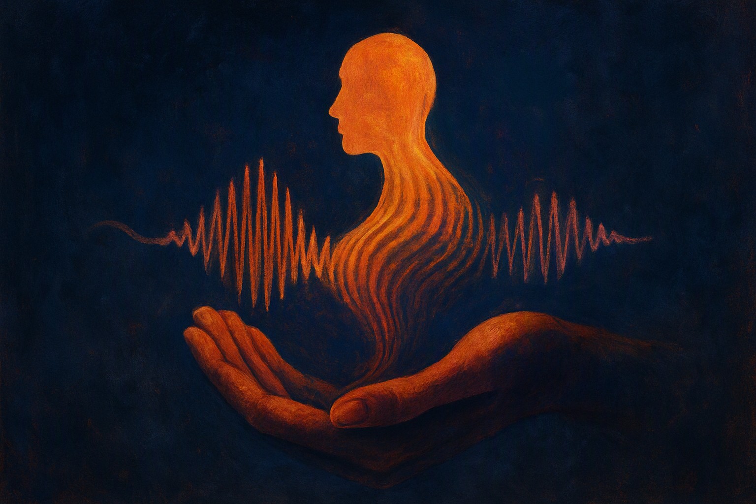 A sound wave shaped like a human profile, held in a cupped pair of hands