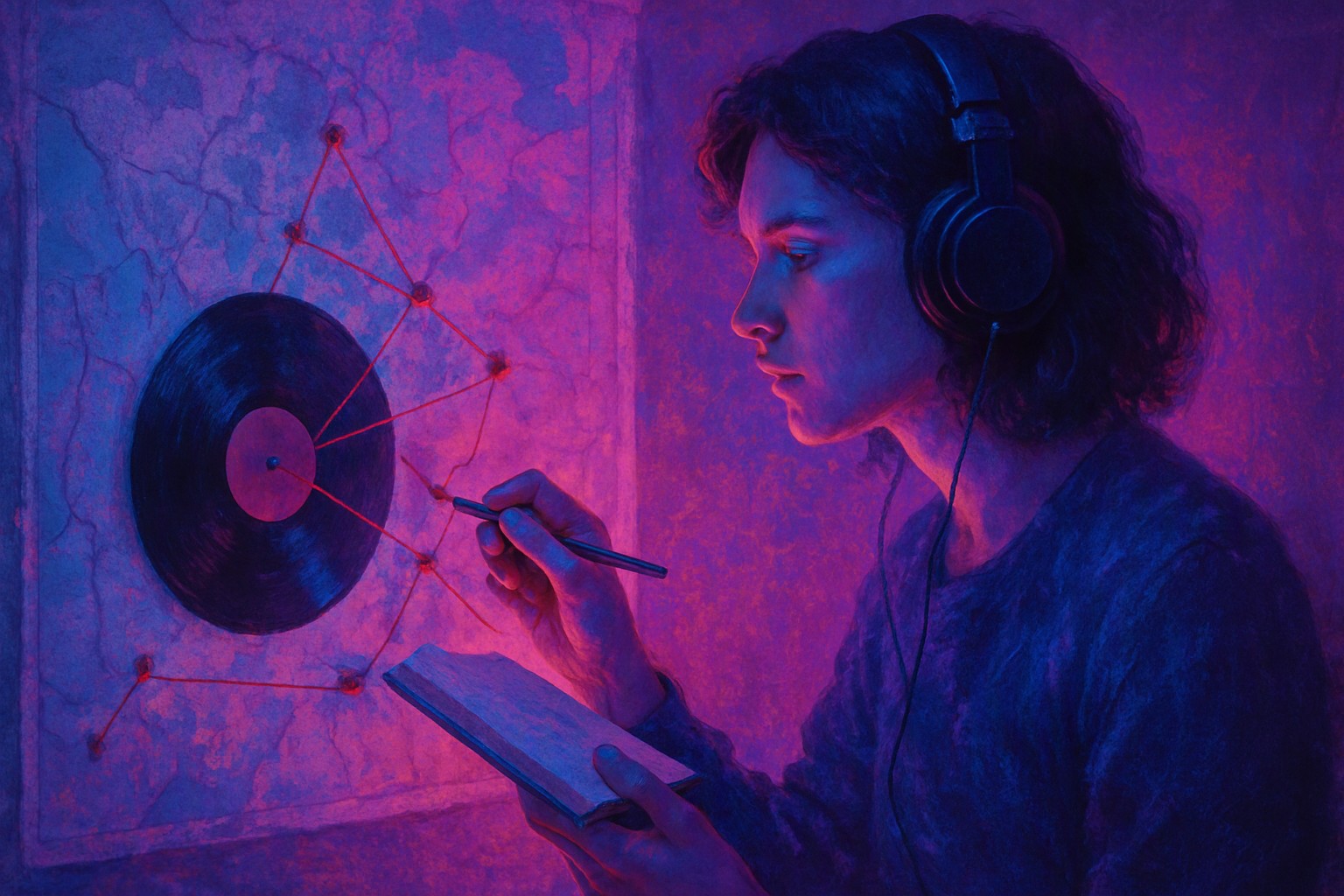 A songwriter wearing headphones studying a map pinned with small paper pins and red thread connecting a vinyl record to a notebook