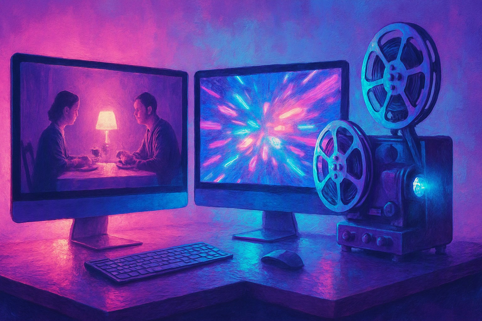 A bright, airy editing studio with two monitors, one showing a quiet dinner scene and the other a fast colorful montage, a vintage movie projector beside them