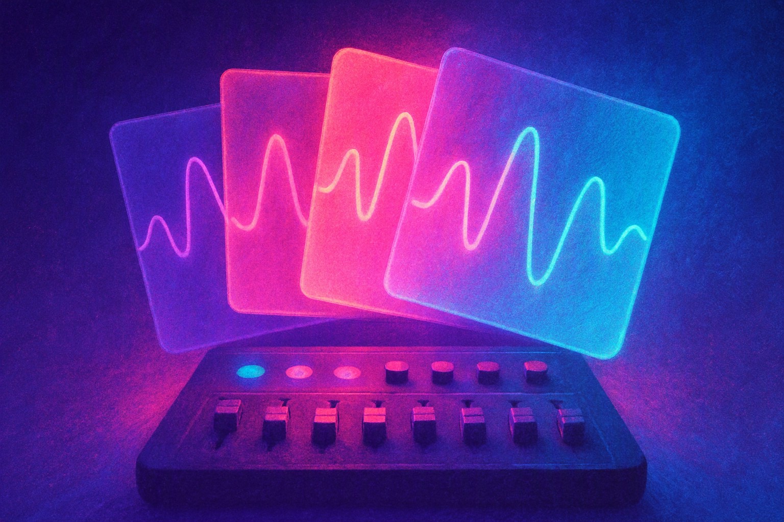 Four translucent colored layers of a single illustrated waveform fanned out like playing cards above a small mixing desk