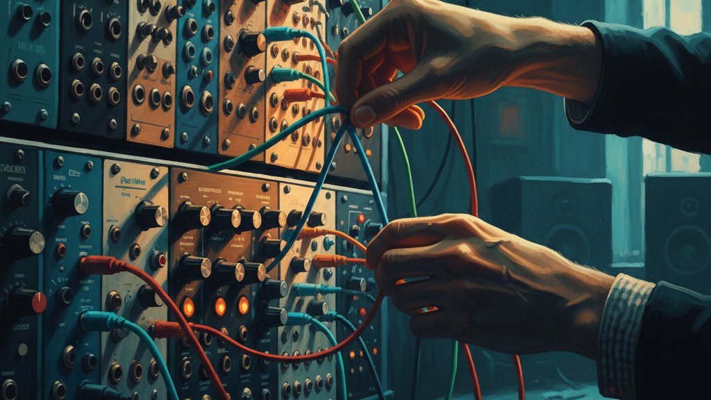 Two hands plugging patch cables into a shared modular synth wall