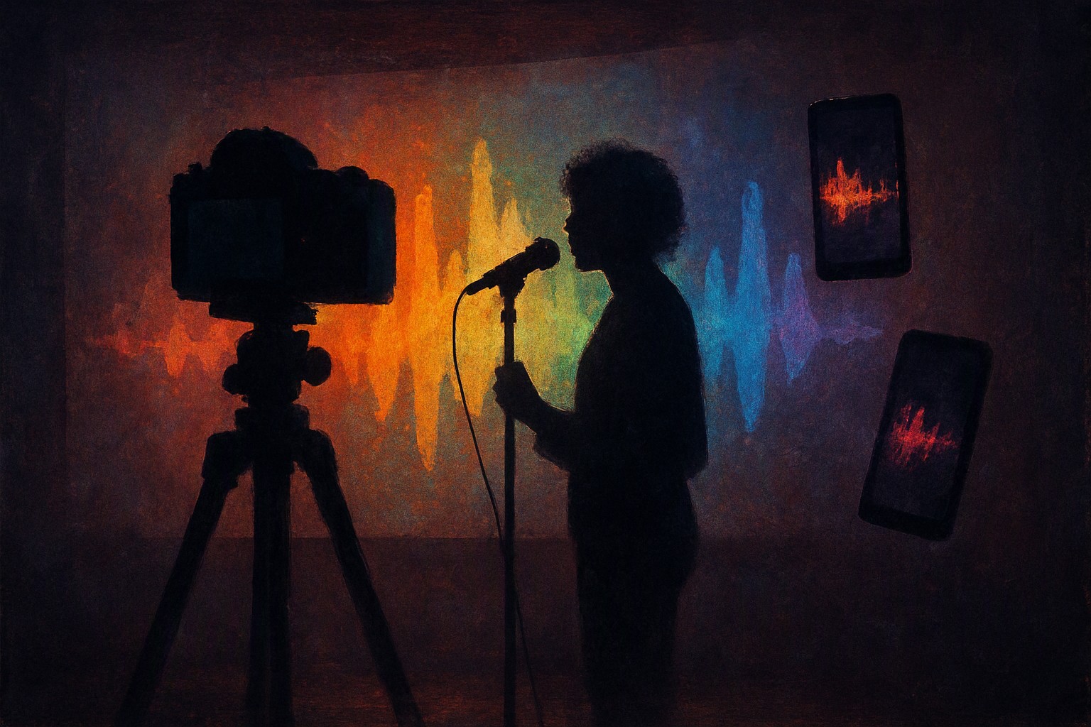 A camera on a tripod facing a singer, with a waveform projected on the wall behind them