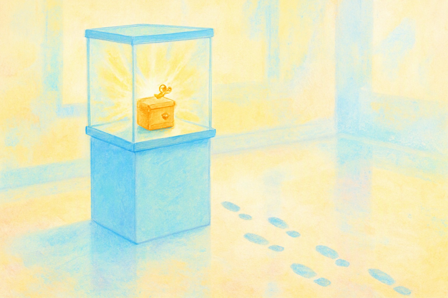 A single locked glass display case holding one glowing music box, with several faint footprints leading away from it across a polished floor