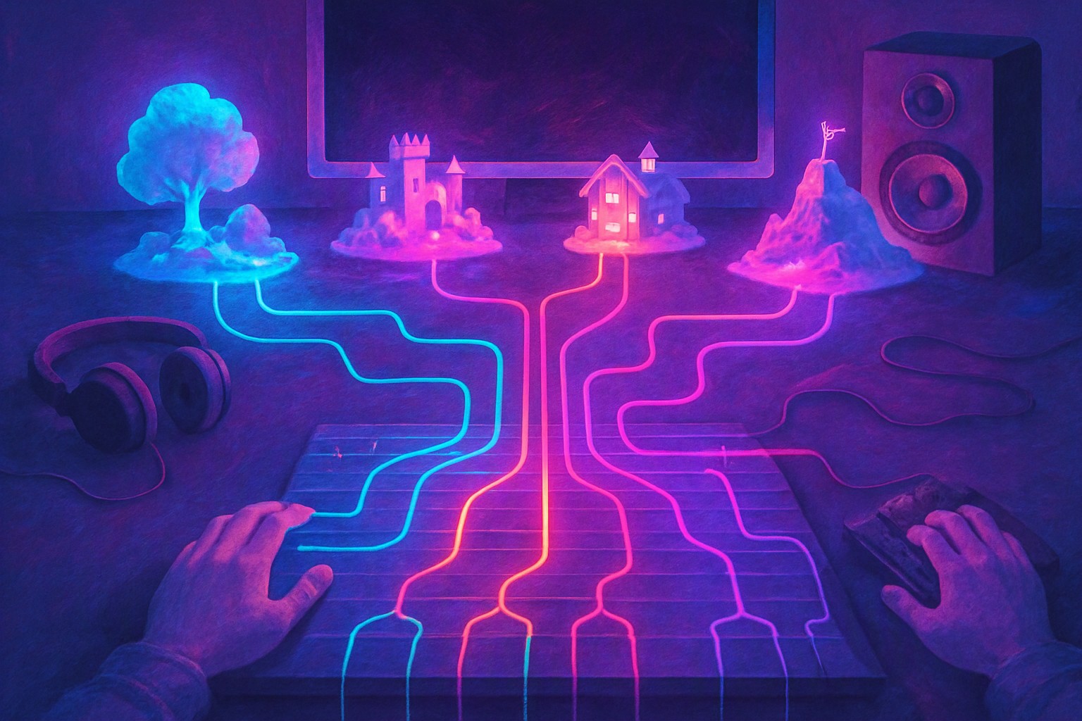 A composer's workstation where a long music timeline splits into branching colored tracks, each connected by thin wires to small game-world models