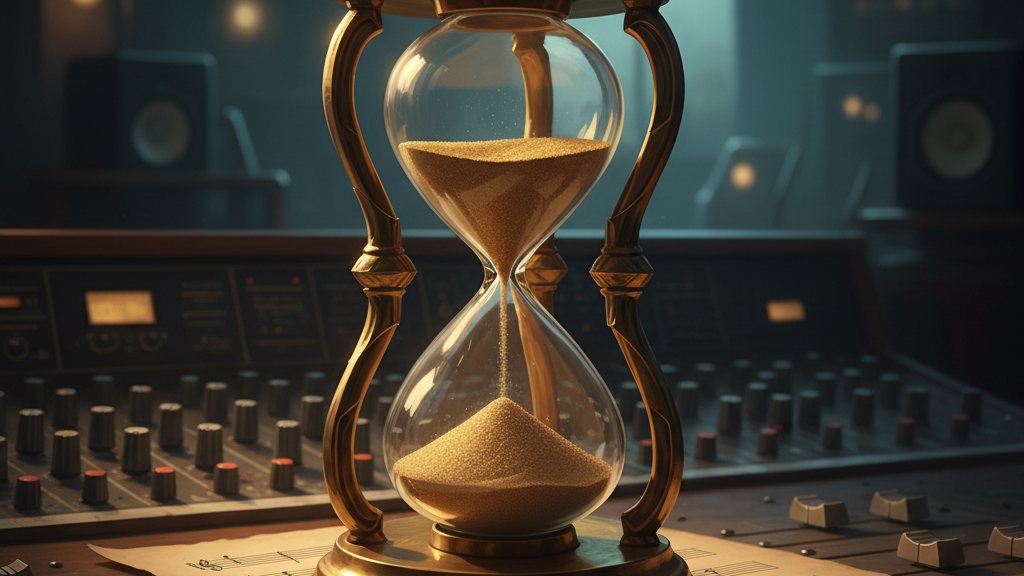 An hourglass on a mixing desk with sand nearly run through, warm side light