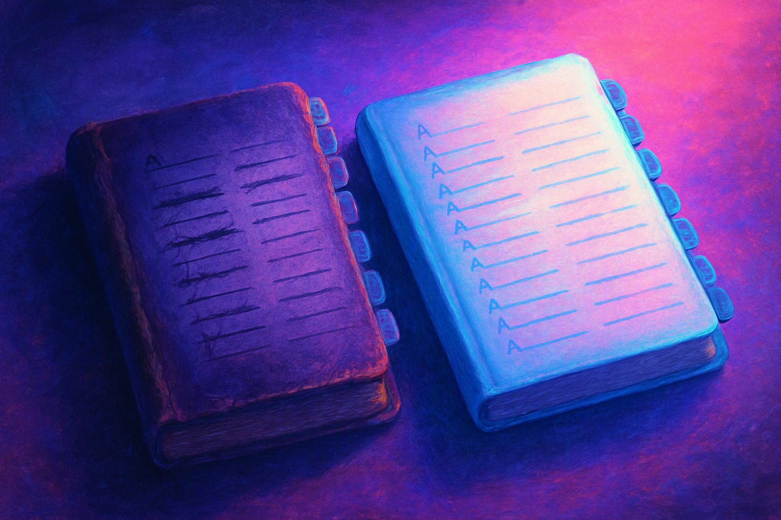 A worn address book and a fresh one lying side by side on a desk, with a few names crossed out and rewritten in the new book