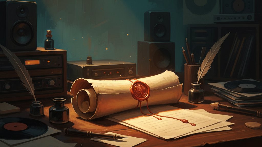 A wax-sealed document glowing on a studio desk