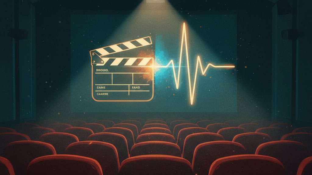A film clapperboard and a waveform merging into one beam of light over a screening room