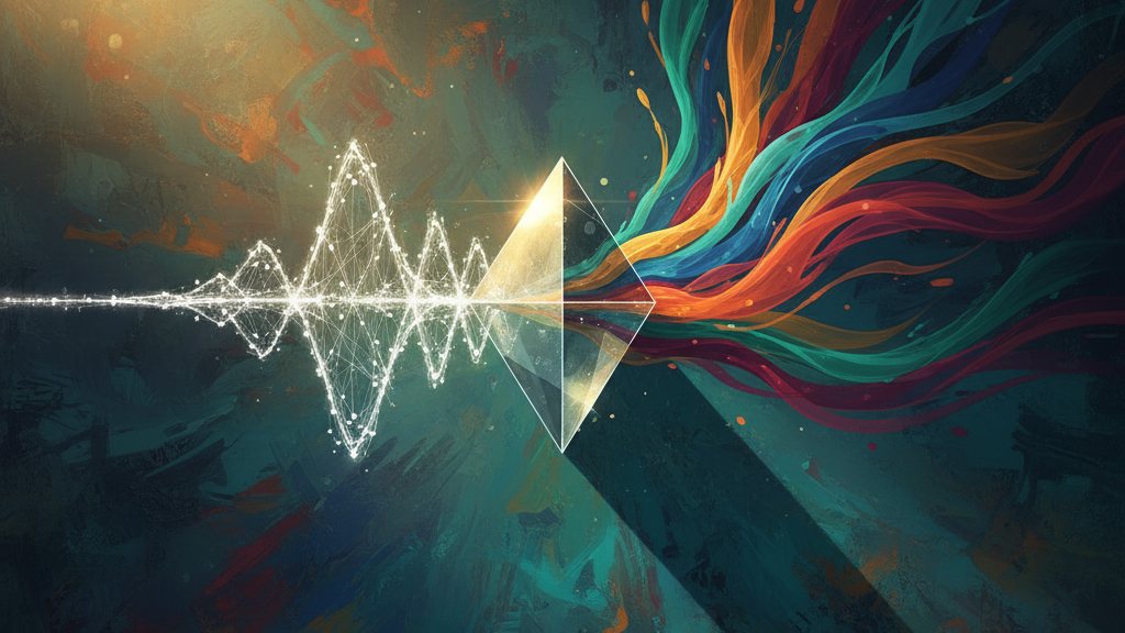 One song waveform refracting into many colored streams through a prism