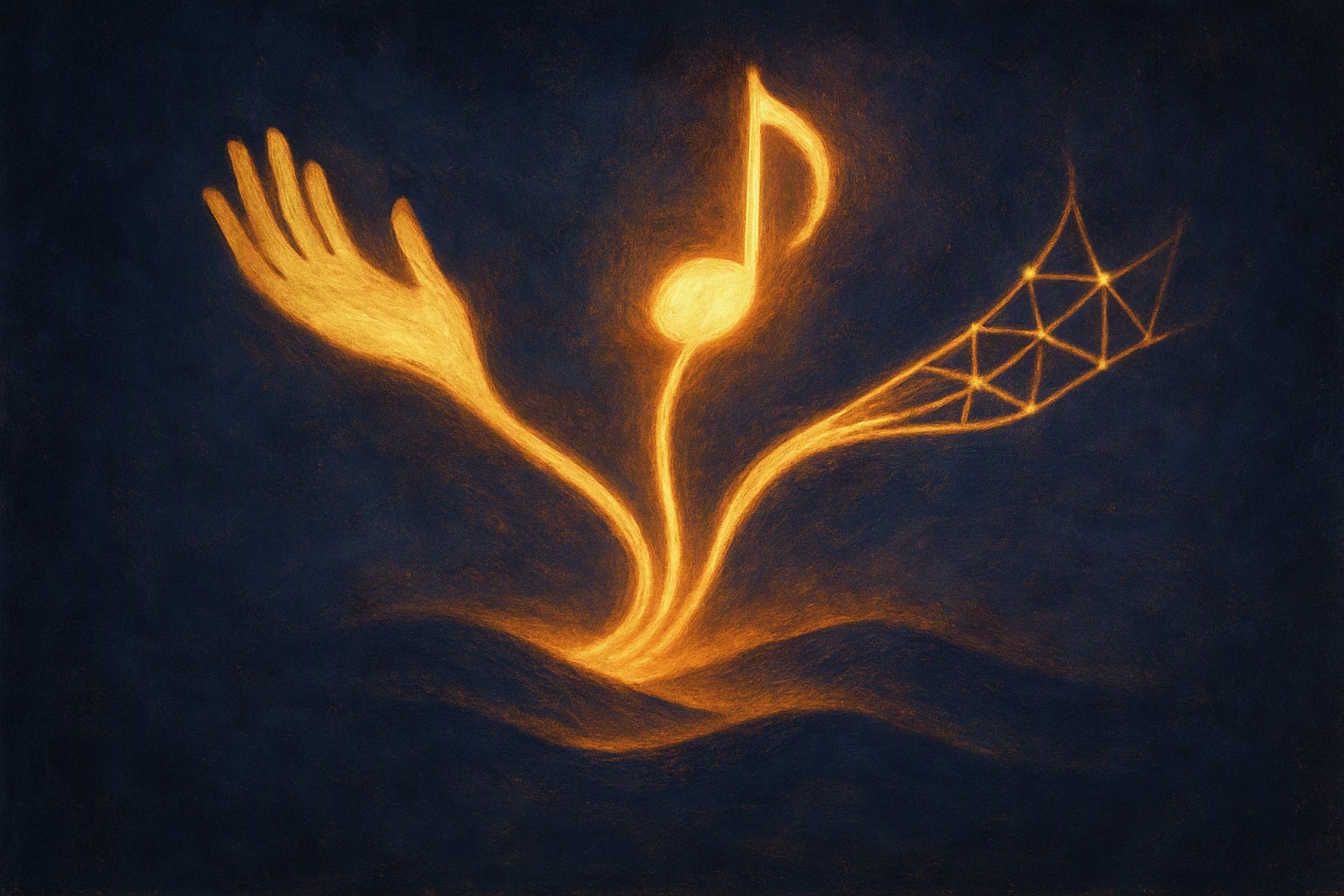 Three paths of light branching from one glowing musical note: one guided by a hand, one by a moving landscape, one by a lattice of rules
