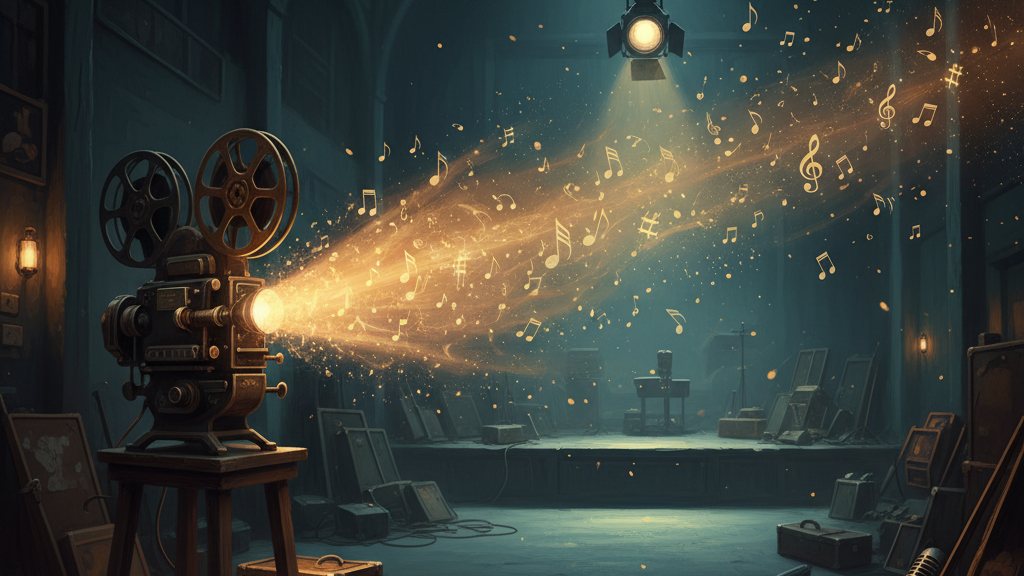 A film projector beam crossing a studio, dust and musical light in the air