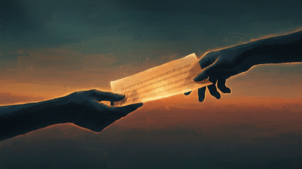 A lyric sheet passing between two silhouetted hands, glowing at the exchange point