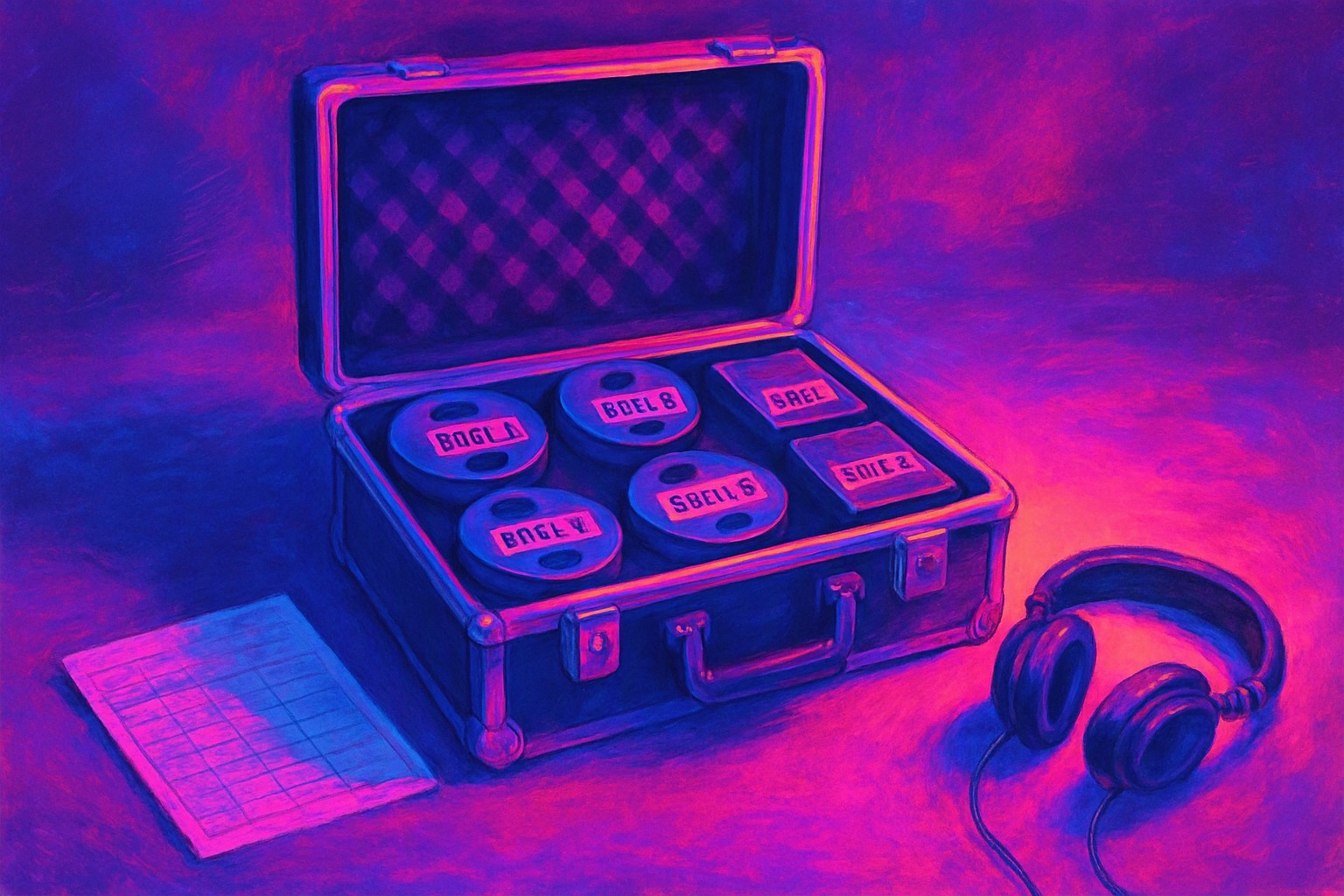 An open flight case on a studio table holding neatly labeled reels and drives, with a folded split sheet and a pair of headphones beside it