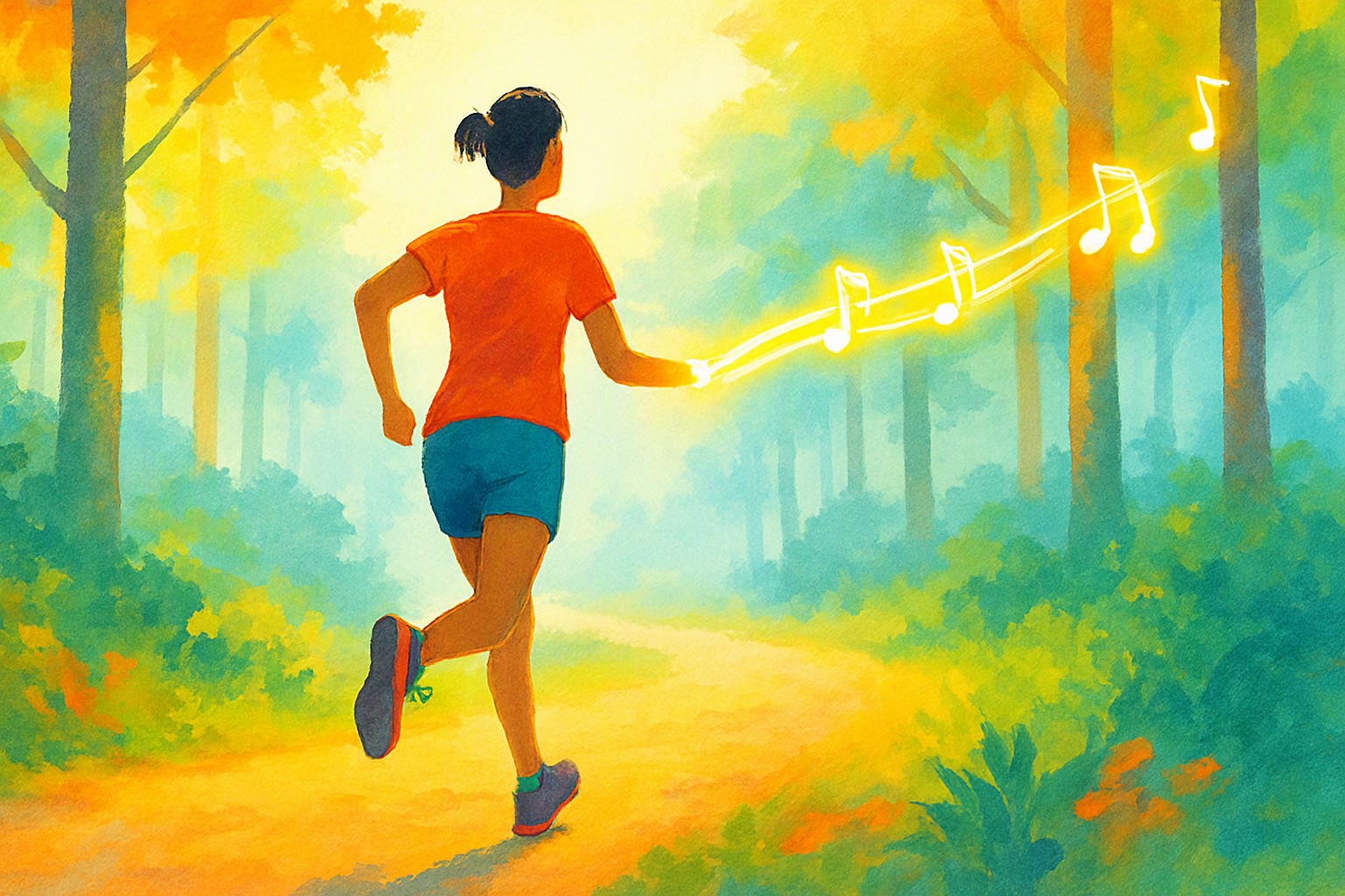 A runner on a misty forest trail at dawn, a thin glowing line of notes rising from their wrist and stretching ahead of them along the path