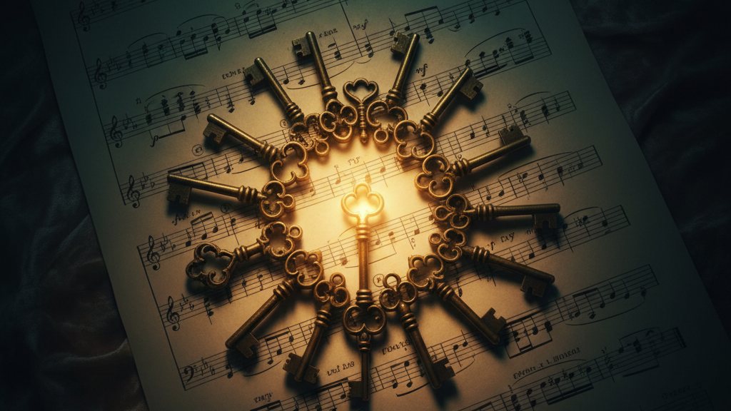 A ring of keys resting on sheet music under warm light