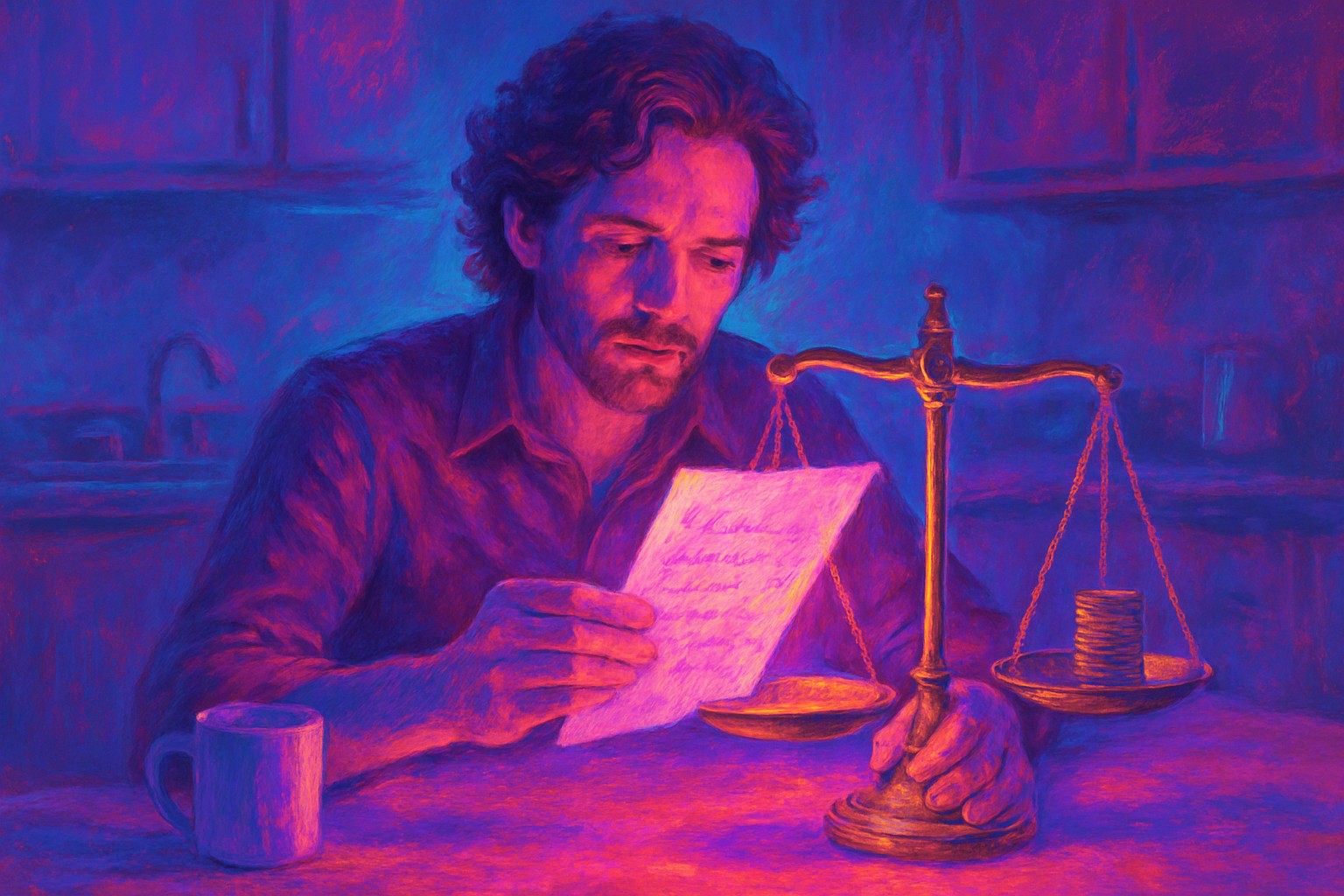 A songwriter at a kitchen table weighing a handwritten lyric sheet against a small stack of coins on a brass balance scale