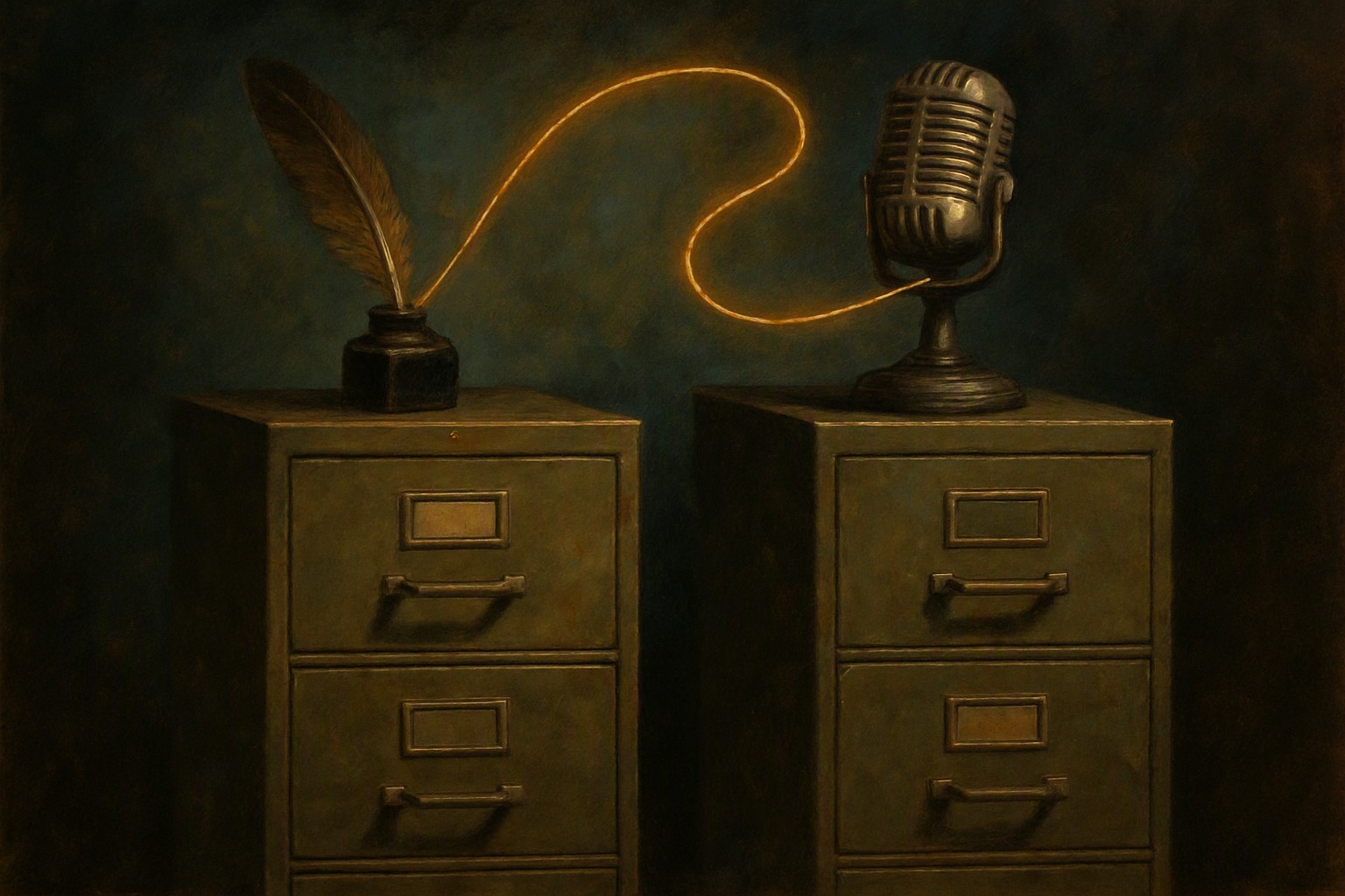 Two filing cabinets side by side, one labeled with a quill, the other with a microphone