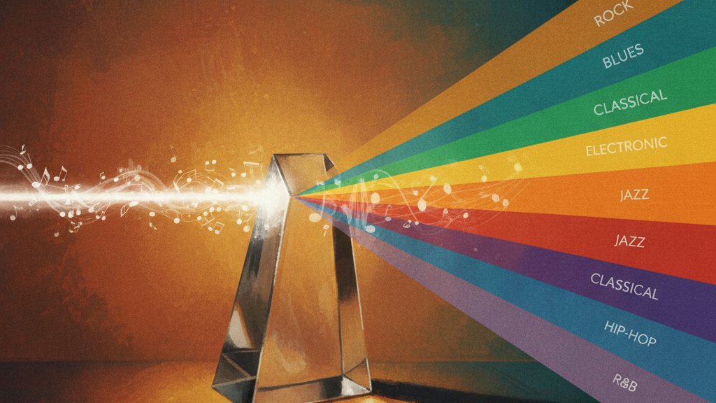 One song note refracting through a prism into a spread of colored genre bands