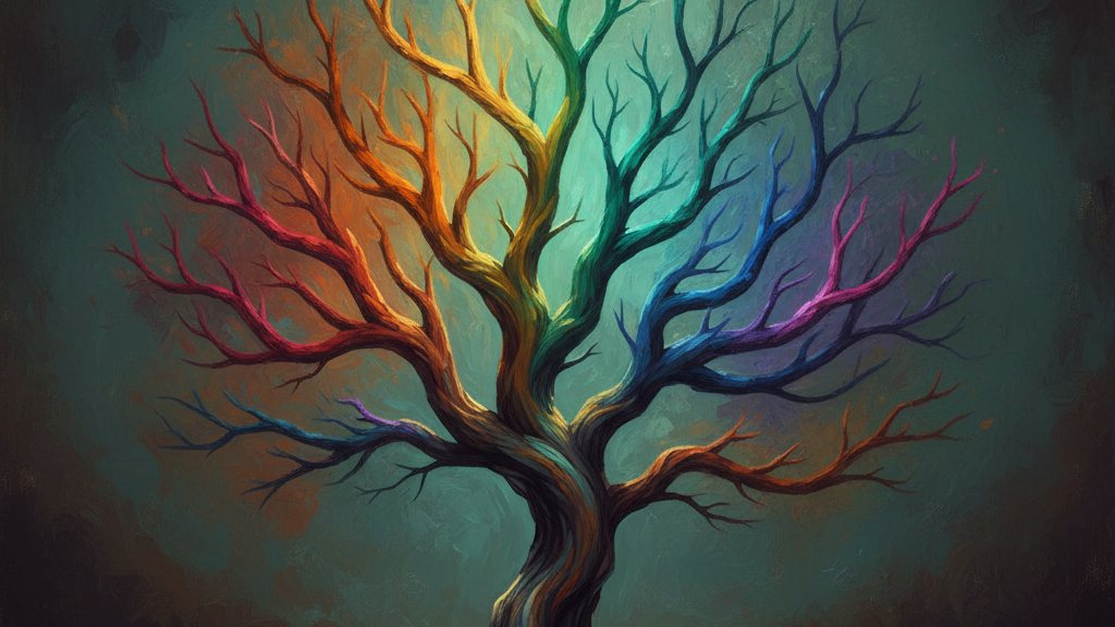A tree with ten differently colored branches growing from one trunk