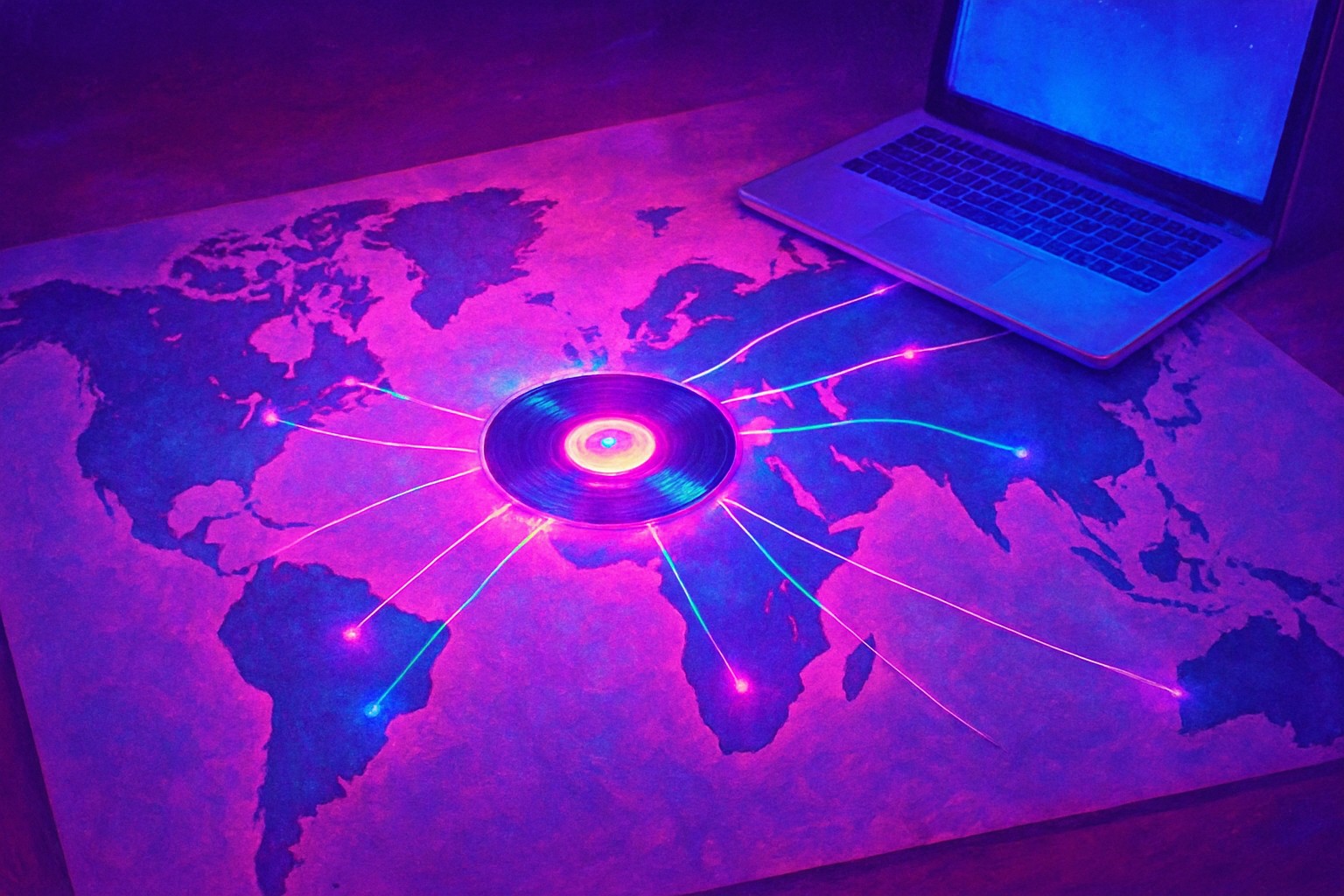 A paper world map on a desk with a small glowing record placed on several countries and thin threads connecting them to a laptop