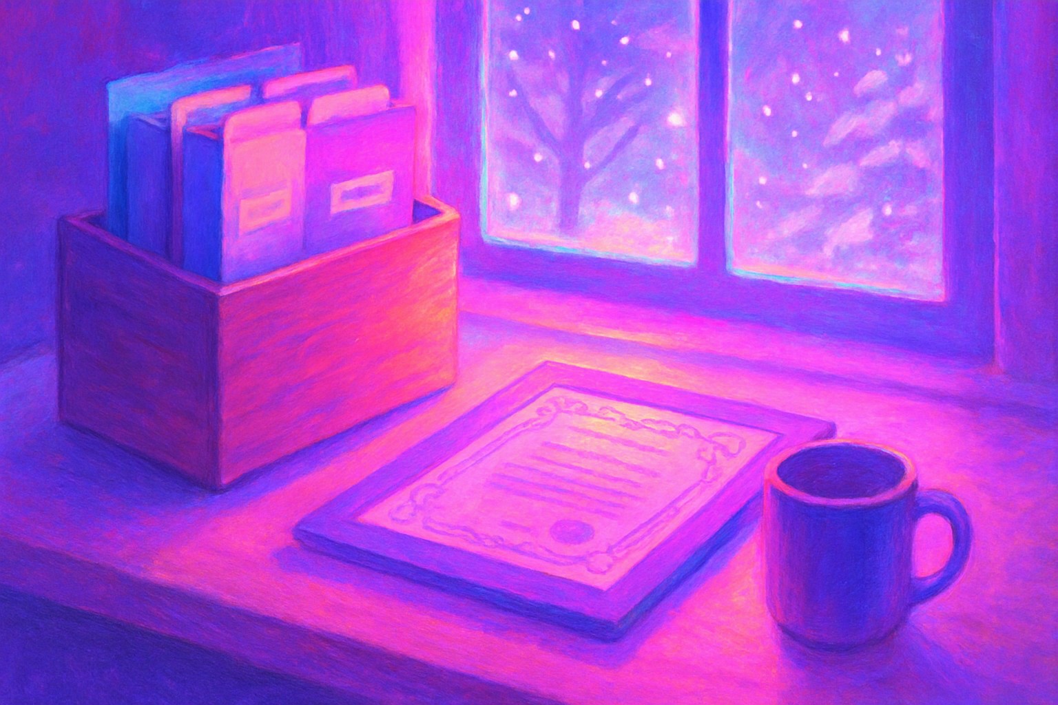 A tidy desk in winter light with a wooden file box, labeled folders, a printed certificate and a mug, snow visible through the window behind