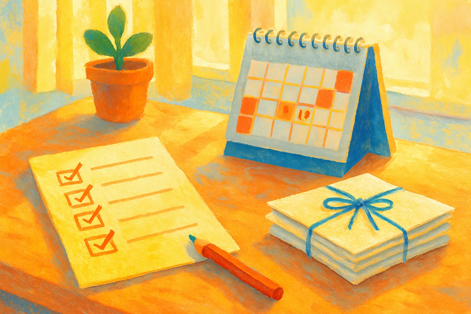 A cozy desk in late afternoon light with a paper checklist, a calendar with the last pages showing, and a small stack of lead sheets tied with string