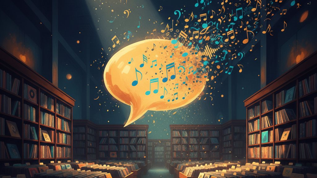 A speech bubble dissolving into musical notes over a vast library of glowing records