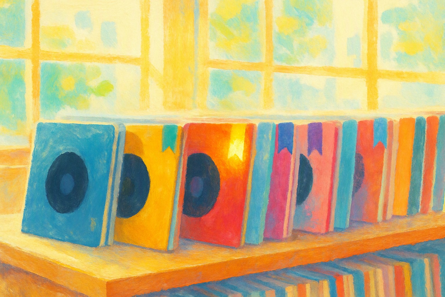 A row of vinyl record sleeves on a shelf, each with a different small ribbon tag clipped to its corner, one ribbon glowing, in a sunlit record shop